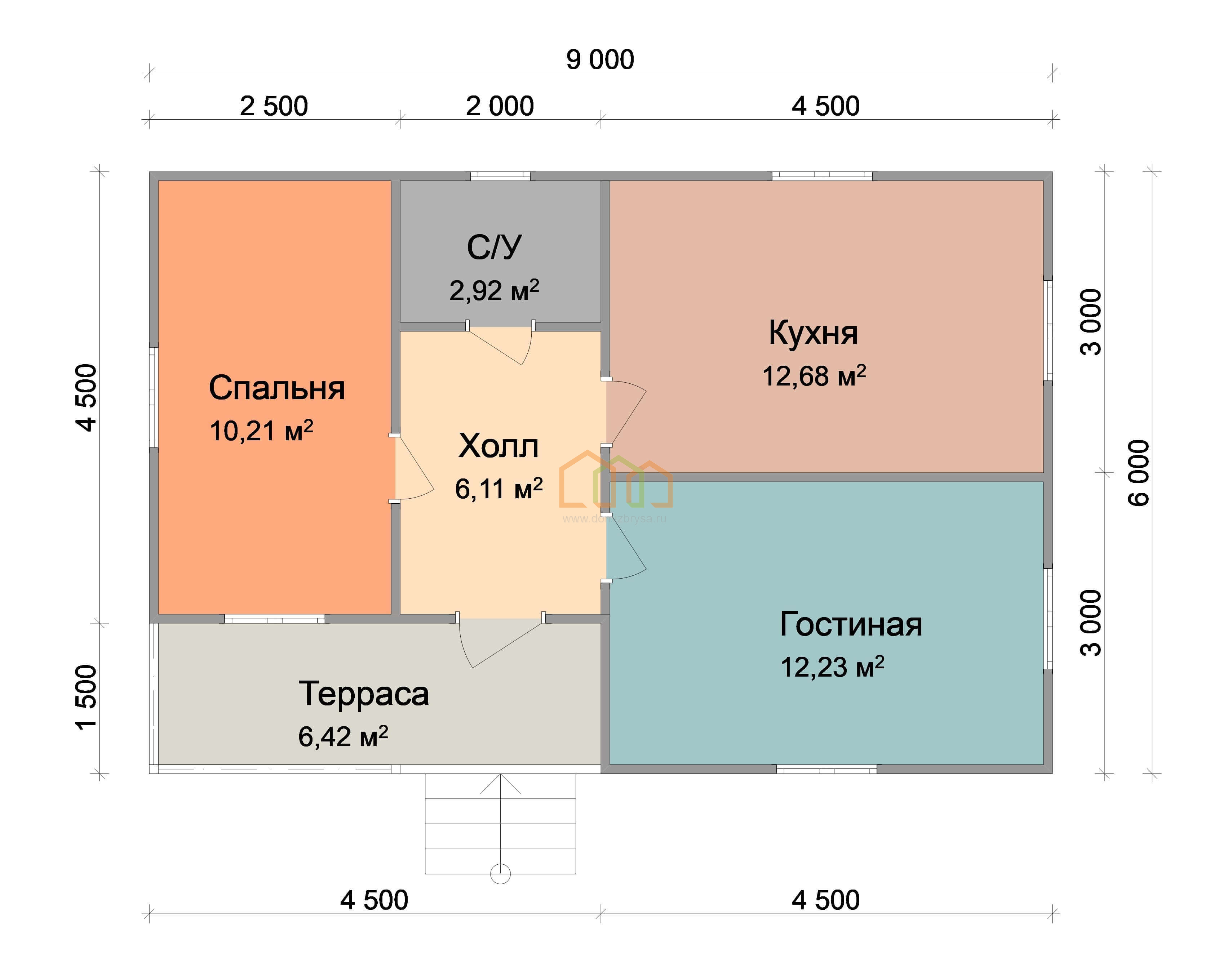 Одноэтажный каркасный дом 6х9 - цена 1473500 руб под ключ в Сасово.  Площадь: 54 м² с террасой